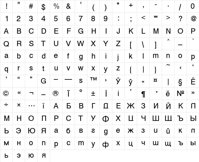 Vanta Medium Plain  glyph index