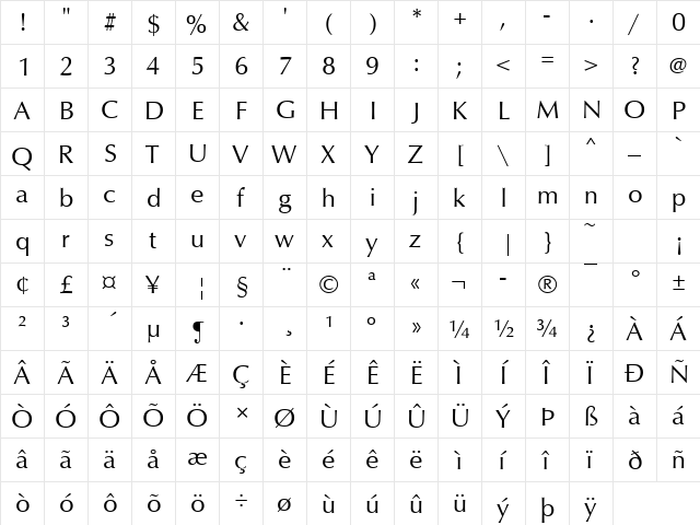 Classico Becker Regular  glyph index
