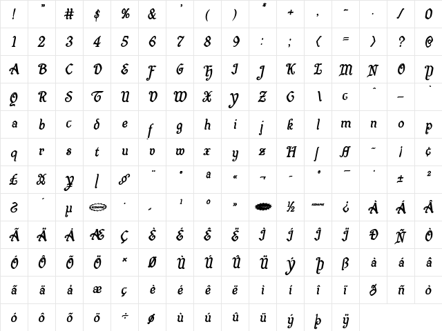 Quill Sword Bold Italic Bold Italic  glyph index