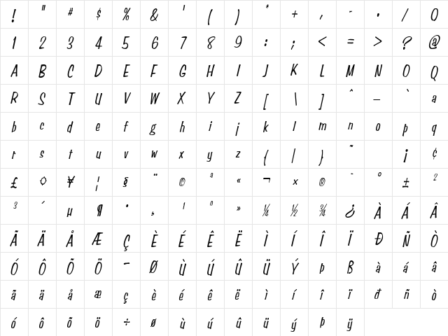 StimpsonCondensed Oblique  glyph index