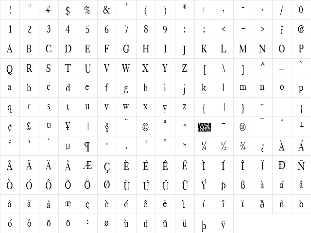 CasqueCondensed Regular  glyph index