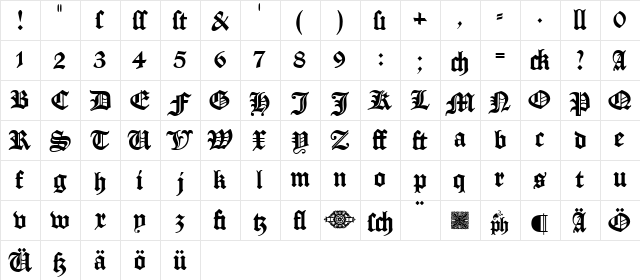 Manuskript Gotisch Regular  glyph index