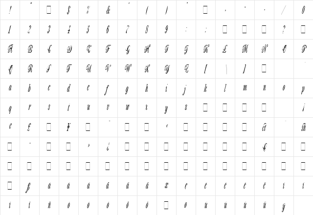 BordeauxScript Plain  glyph index
