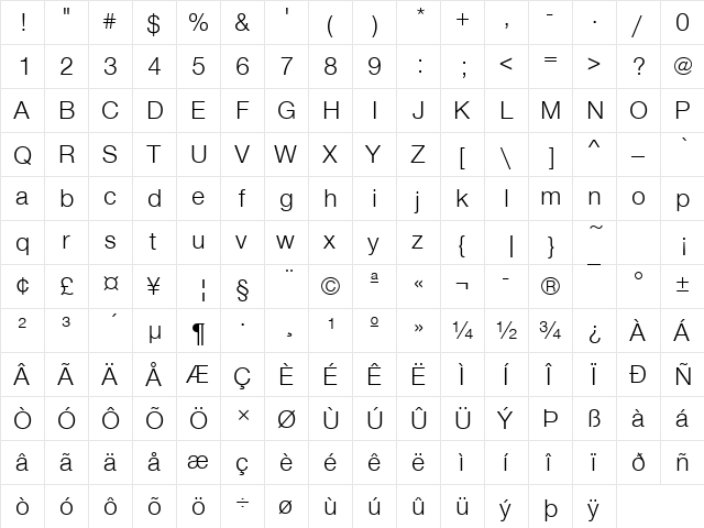 NimbusSanNovT Regular  glyph index