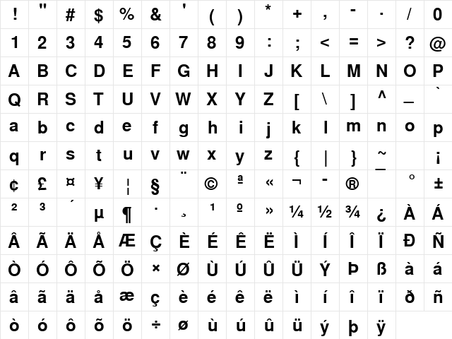 Nimbus Sans Becker L Bold  glyph index