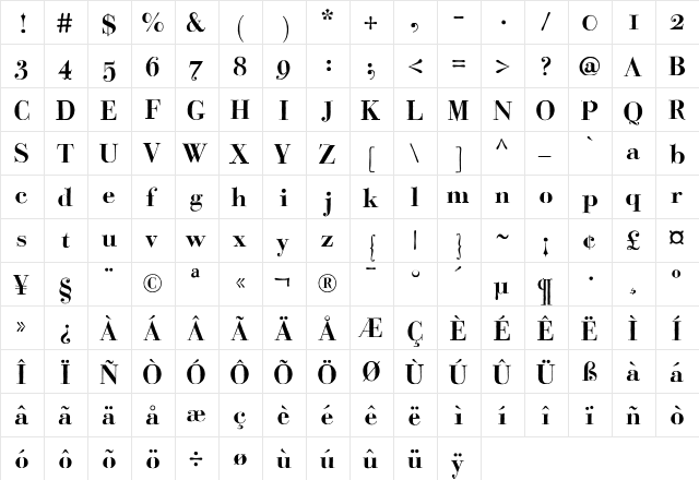 Bodoni Classic Handdrawn Bold  glyph index