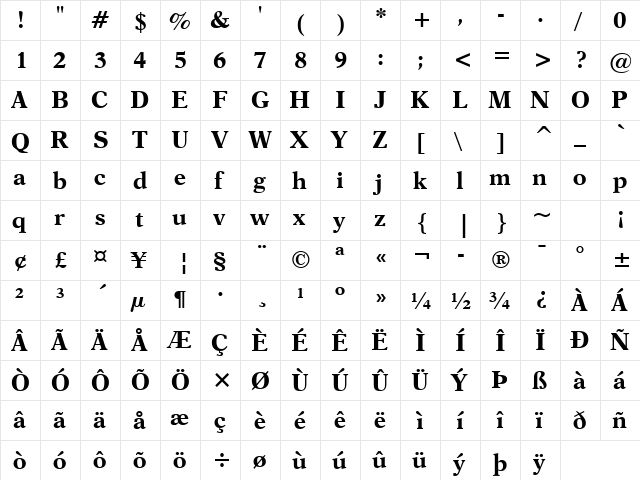 Dutch823 BT Bold  glyph index