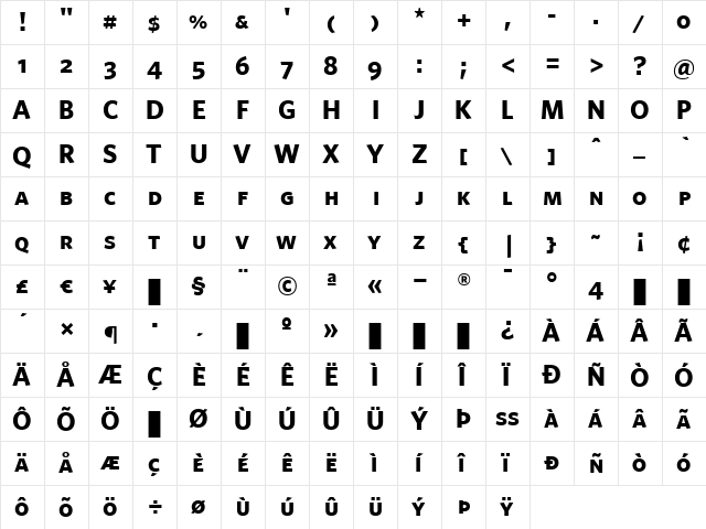 Whitney Bold  glyph index