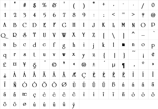 University Bold Regular  glyph index
