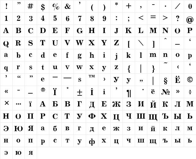 Journal Bold  glyph index