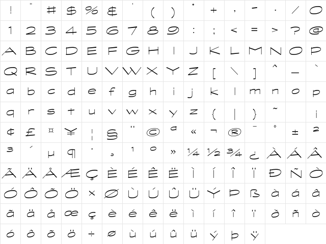 Graphite AT Wide Light Regular  glyph index