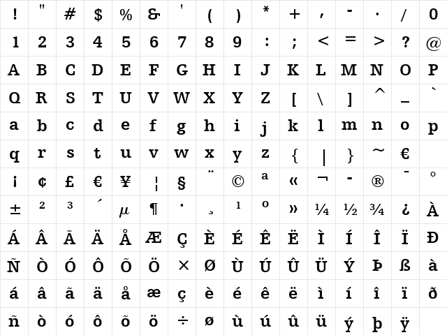 HumstSlab712 BT Bold  glyph index