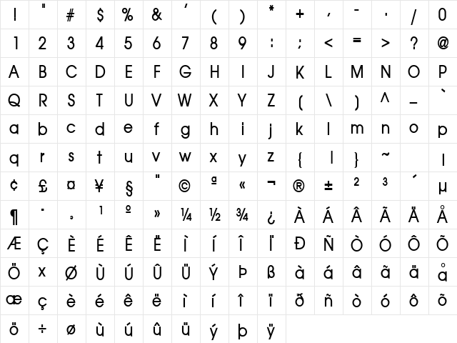 Atilla-Condensed Bold  glyph index