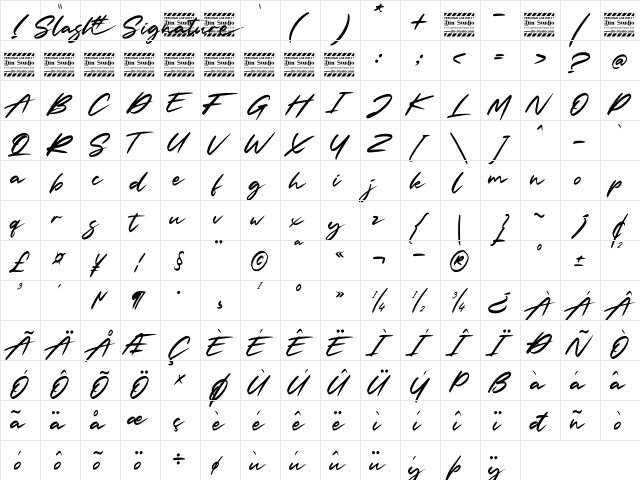 Slash Signature Personal Use Regular  glyph index