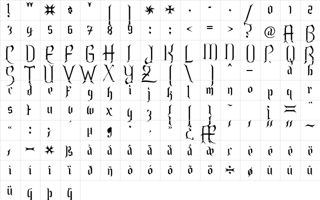 Charmed ii Regular  glyph index