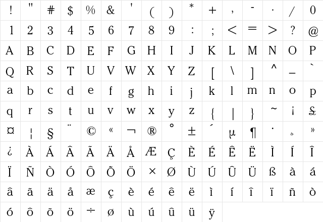 Cheltenham ITC BQ Regular  glyph index