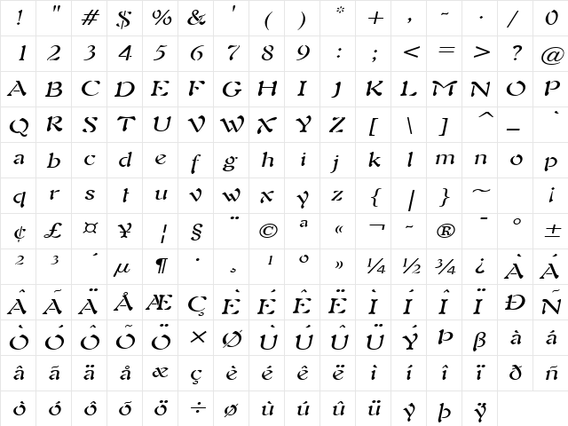 Freedom 9 Wide Italic  glyph index