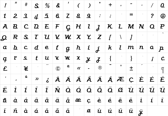 JavelinBold Roman  glyph index