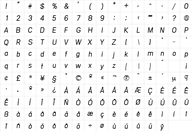 Mercedes-Serial-Light RegularItalic  glyph index