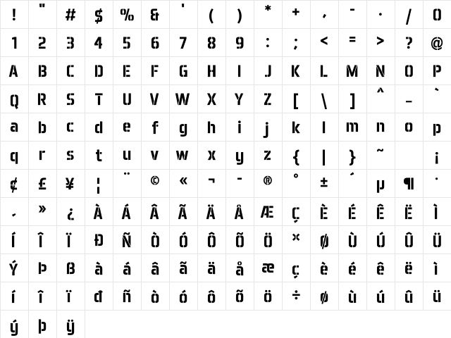 Aero Matics Stencil Bold  glyph index