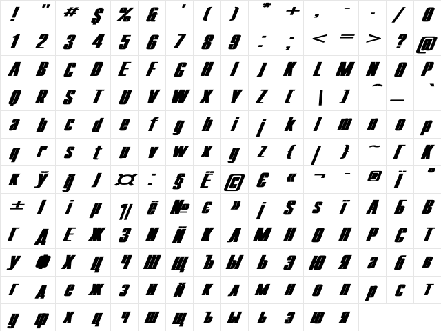 Compact Ex Bold Italic  glyph index