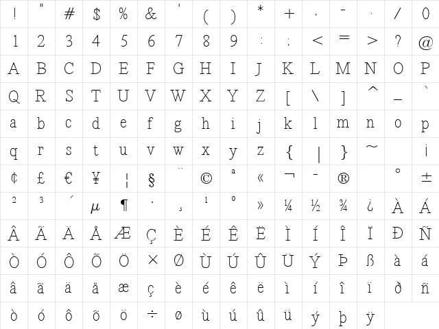 Revelation BTN Regular  glyph index