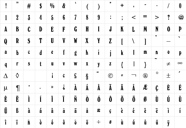 WindsorCond Bold  glyph index