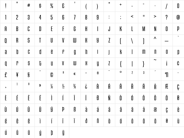 HouseGothicHG23Cond LIGHT2  glyph index