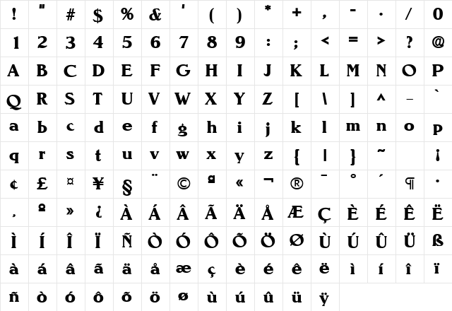 Sierra Heavy SF Bold  glyph index