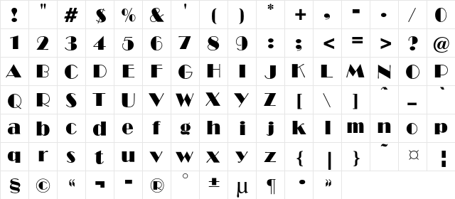 BroadwayC Regular  glyph index