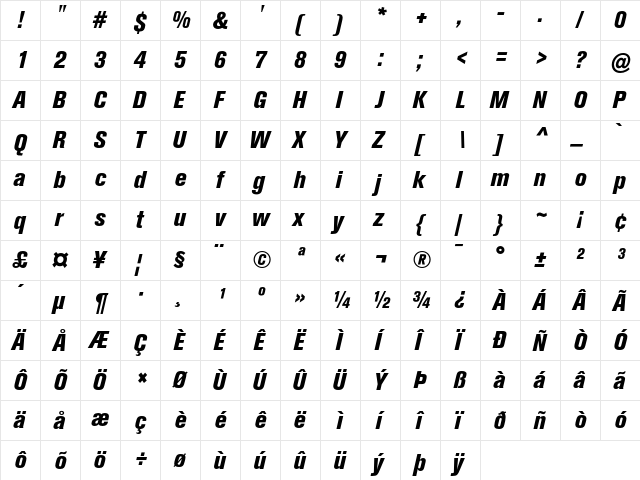 Akzidenz-Grotesk BQ Extra Bold Condensed Italic Alt  glyph index