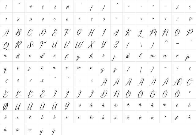 Bridget Script Regular  glyph index