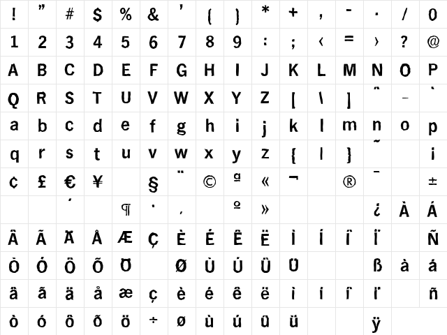 HamburgAntique Bold  glyph index