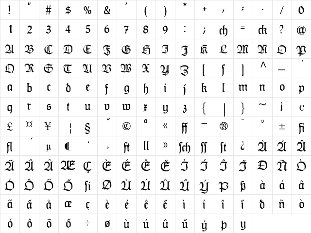 HumboldtFraktur Zier Regular  glyph index