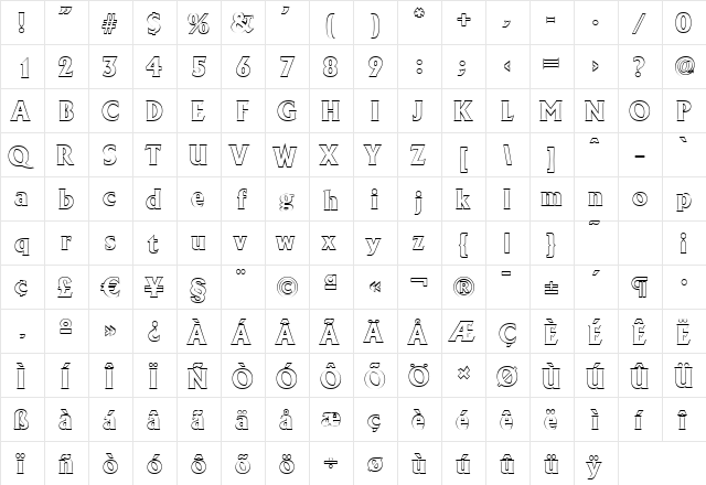 JacobBeckerOutline-ExtraBold Regular  glyph index
