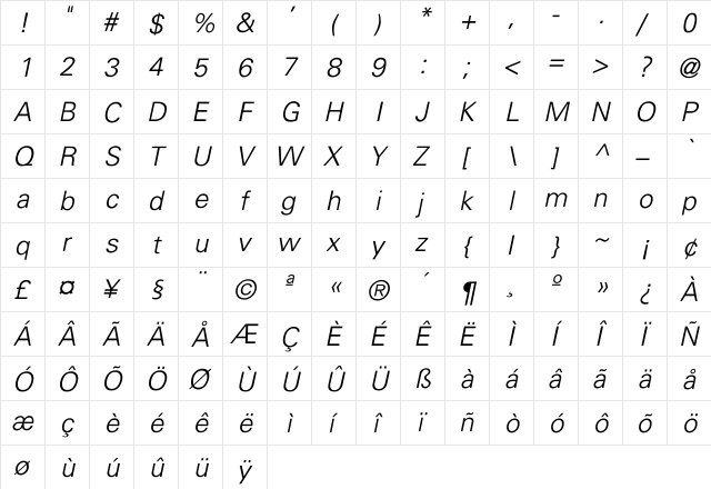 Univers-Light-Italic Regular  glyph index