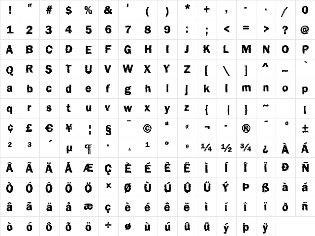 Funky21 Bold  glyph index