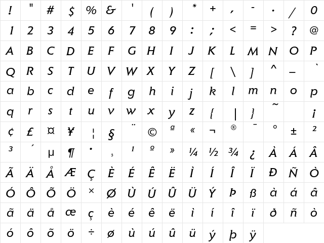 ElanEF BookItalic  glyph index