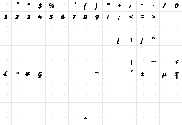ShinnExtraBoldItalicTab Regular  glyph index