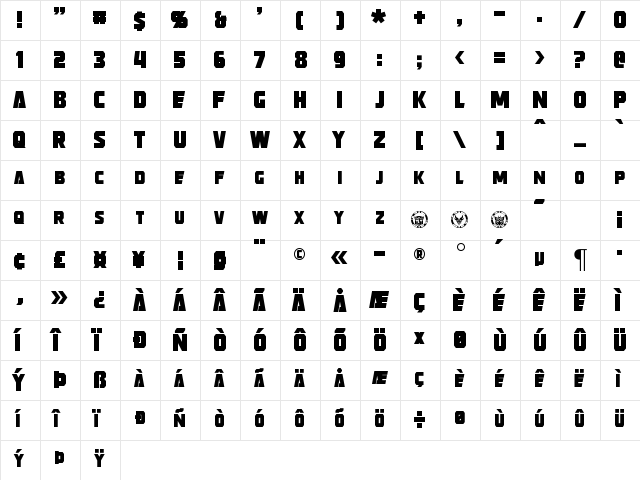 Strongarm Regular  glyph index