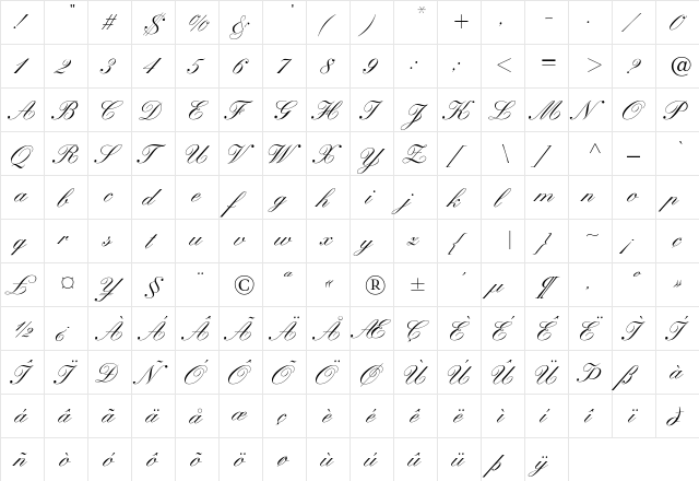KuenstlerScript-Medium Regular  glyph index