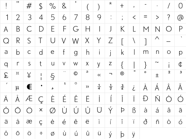 DTLNobelT Light  glyph index