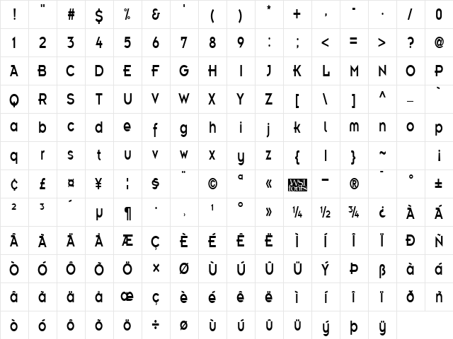EmblemCondensed Regular  glyph index
