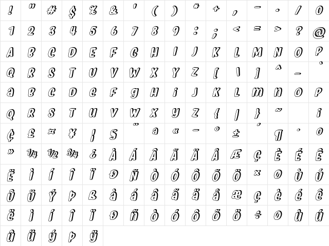 Myfrida Shadow Italic  glyph index