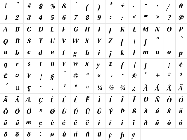 URWImperialTExtBolExtNar Oblique  glyph index
