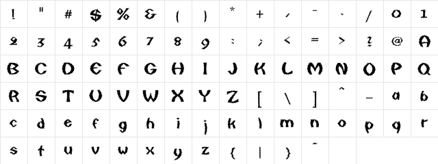 Quaxy Bold  glyph index