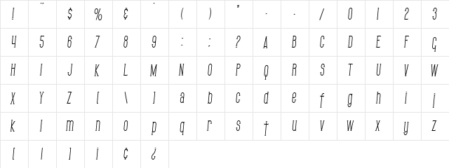 SF Gothican Condensed Italic  glyph index