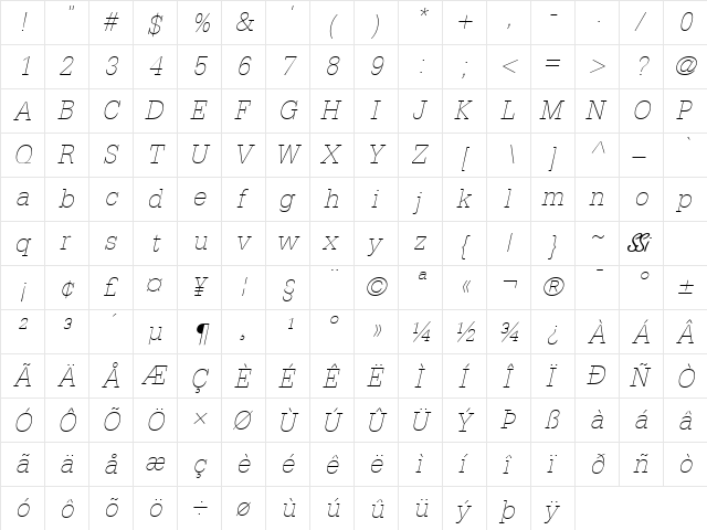 Installation Light SSi Thin Italic  glyph index