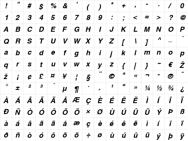 Helvetica LT Bold Italic  glyph index