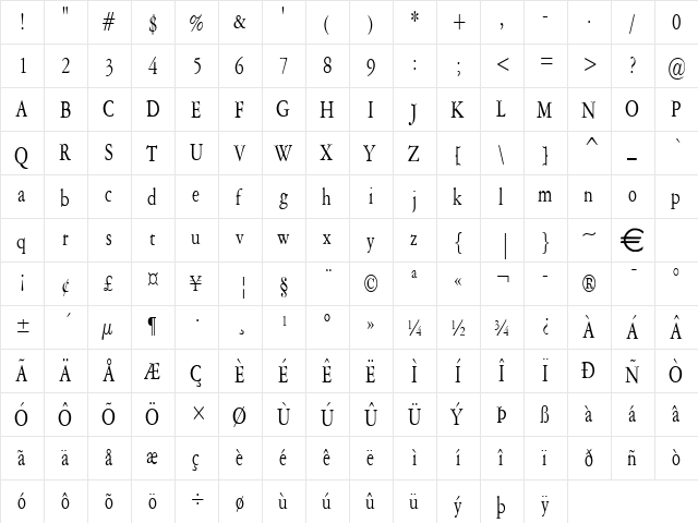 AmethystCondensed Normal  glyph index